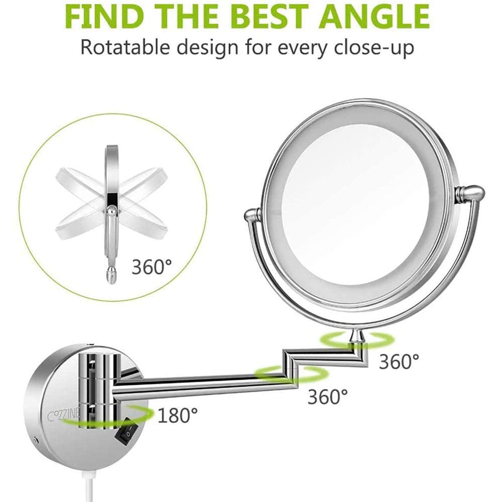 Espejo de maquillaje Montaje en pared Giratorio de 360 ° Doble Cara 1X 10X Aumento Espejo de baño con Luz LED Forma Redonda extensible Espejo de belleza plegable 8 pulgadas