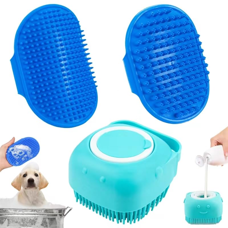 3PCS Dog Bath Brush/Dog Shampoo brush/Dog Scrubber for Bath/Pet-Dog Bath Massage Brush Scrubber with Soap Dispenser and Adjustable Ring Handle for Long Short Haired Dogs Cats Shower