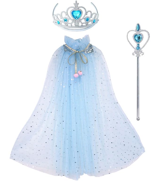 Image of Princess Cape for Girls - Colorful Sequin Cloak with Crown and Wand for Birthday, Halloween, Fancy Dress & Carnival