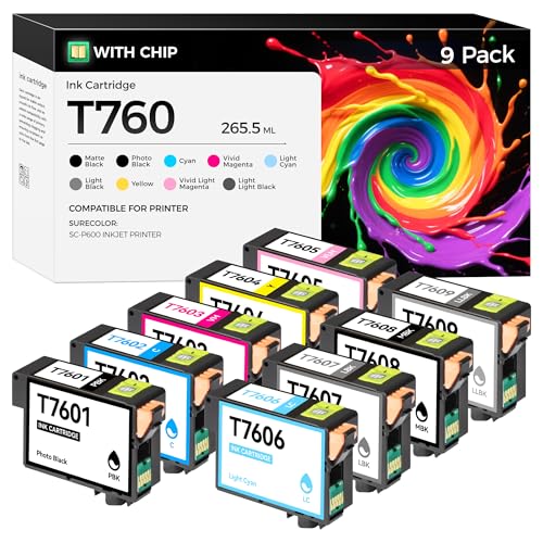 Image of Remanufactured T760 Ink Cartridges 9-Pack High Yield Replacement Compatible with T7601 T7602 T7603 T7604 T7605 T7606 T7607 T7608 T7609 Ink Set Works with SureColor SC-P600 P600 Inkjet Printer Copy