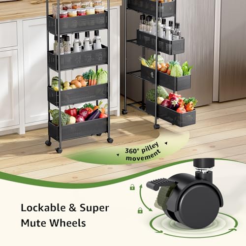 KINGRACK Slim Storage Cart with Drawer, 5-Tier Rolling Utility Cart on Wheels, Narrow Metal Cart for Space Save, Easy Assembly for Kitchen Cart, Craft Cart, Laundry, Bathroom, Nursery Organizer by KINGRACK - Image 4