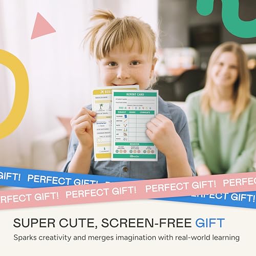 Image of Tiny Expressions Kids Pretend Play Notepads - 40 Pages Boarding Pass & 40 Pages Classroom Report Card Notepad - Travel Booking Agent and Teacher Imaginative Role Play - Playtime Activity Sheets