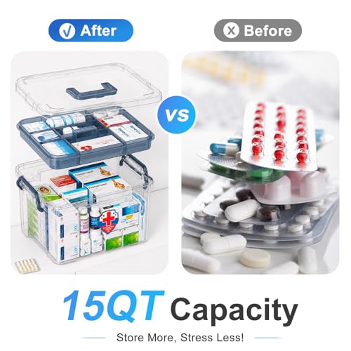 Image of 2 Pack Clear Medicine Organizer Box with Handle, Plastic Medicine Container with Tray First Aid Box Empty, Thickened Medicine Storage Organizer Multipurpose Medication Organizer Storage, Blue