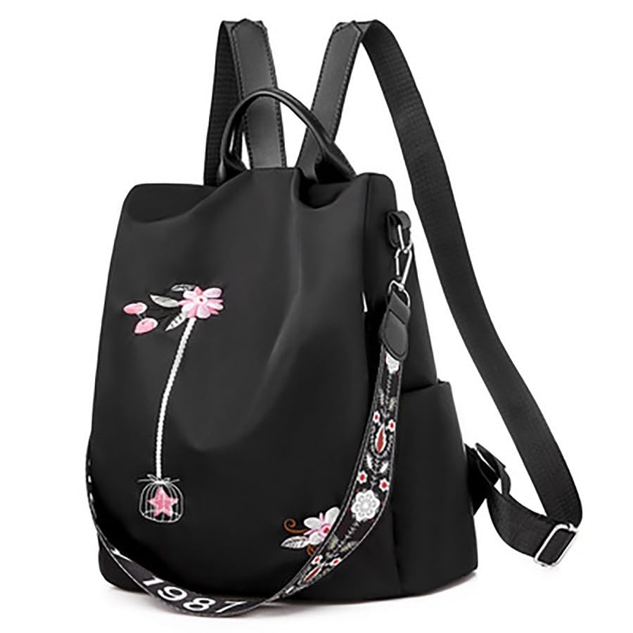 Mochila Feminina Nylon Bolsa De Ombro À Prova D'Água Anti-Roubo Bolsa Bordado Design(Y076-Preto)