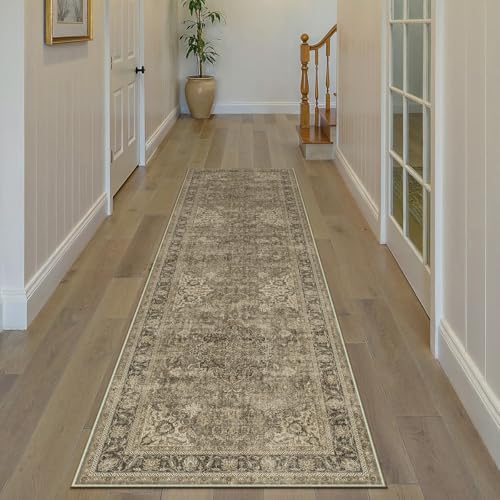 3x8 Washable Brown Vintage Runner Rug for Kitchen Hallway Non-Slip Low Pile Soft Thin Carpet Traditional Retro Distressed Accent Long Throw Rug for Entryway Bathroom Indoor Bedroom