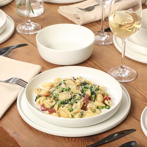 Image of Gibson Elite Bayou Moon Plates and Bowls Sets, 16-Piece White Matte Stoneware Dinnerware Sets, Solid Color Reactive Glaze Dish Set