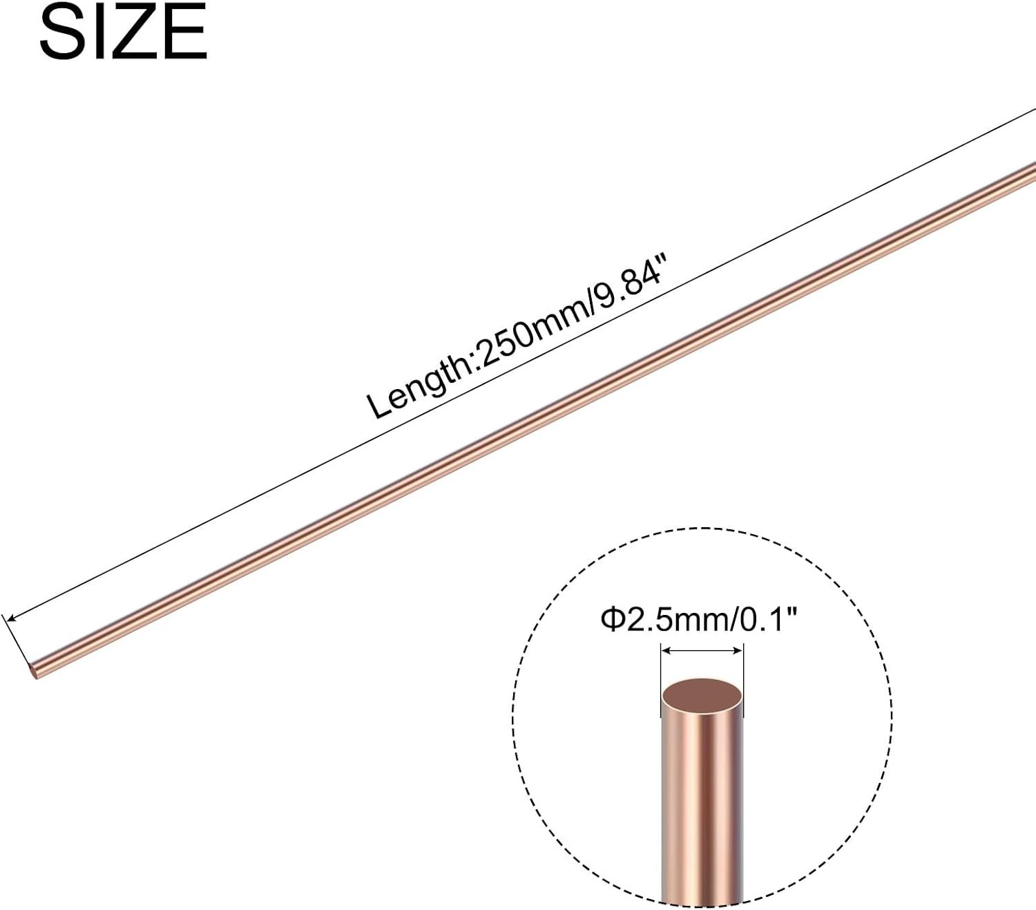 An image illustrating the dimensions of a single copper brazing rod, showing a length of 250mm/9.84 inches and a diameter of 2.5mm/0.1 inches.