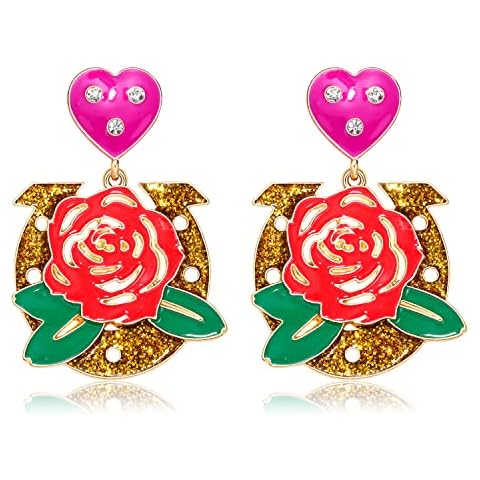 Horseshoe Earrings Glittered Gold Derby Rose Flower Horseshoe Drop Dangle Earrings Heart Stud Earrings, Metal, alloy Cover