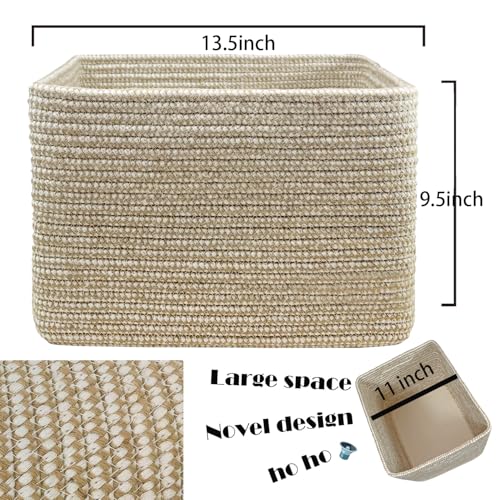 Image of Square Woven Cotton Rope Basket for Organizing, Gift Baskets for Handles, Empty Gift Baskets, Toy Basket for bins|13.5 inch x 11 inch x 9.5 inch home decor for Living Room, Bathroom（Flax and White）
