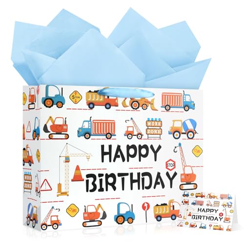 Image of JMANNI Large Happy Birthday Gift Bag with Tissue Papers and Greeting Card,Portable Paper Gift Bags with Handles,Present Bags for Boys Birthday Party Supplies 13 inch x10.2 inchx4.7 inch(Construction Vehicle)