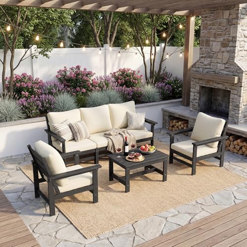 Image of UDPATIO 6 Pieces Patio Furniture Sets HDPE Outdoor Furnitue Modular Sofa Set with Cushion All Weather Conversation Set for Deck Yard Garden Poolside