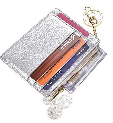 Image of Womens Slim RFID Credit Card Holder Mini Front Pocket Wallet Coin Purse Keychain (LicheeSilver)