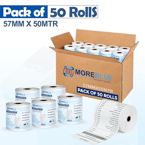 Image of MOREBLUE 2 Inch Thermal Paper Rolls (57mm x 50 Meter) Pack of 50 | Ink-Free, BPA-Free Receipt Paper for POS Machine, Billing Machine, Credit Card Machine & Petrol Pump Use
