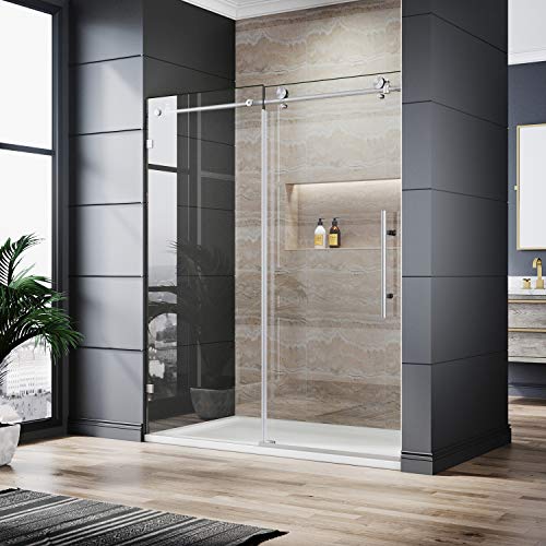 Elegant Shower Door Glass Sliding Frameless Shower Door With 3/8" Clear Glass In Brushed Stainless Steel 60" W X 72" H #TOP1