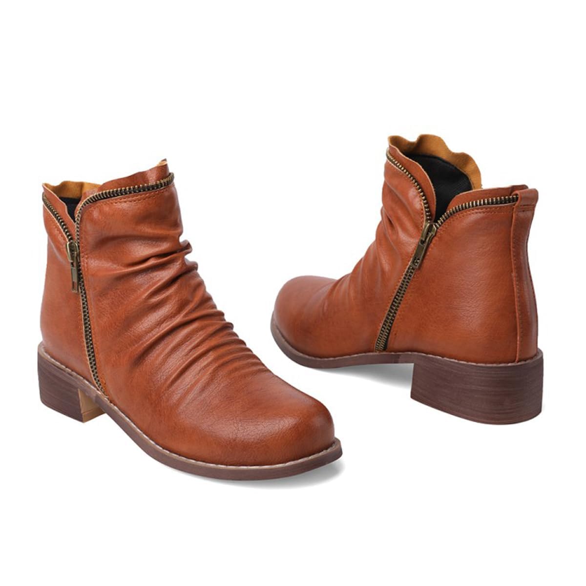 Damskie botki na grubym obcasie, wygodne, okrągłe noski, botki na zamek błyskawiczny z boku, zimowe botki, skórzane buty w stylu vintage, eleganckie buty