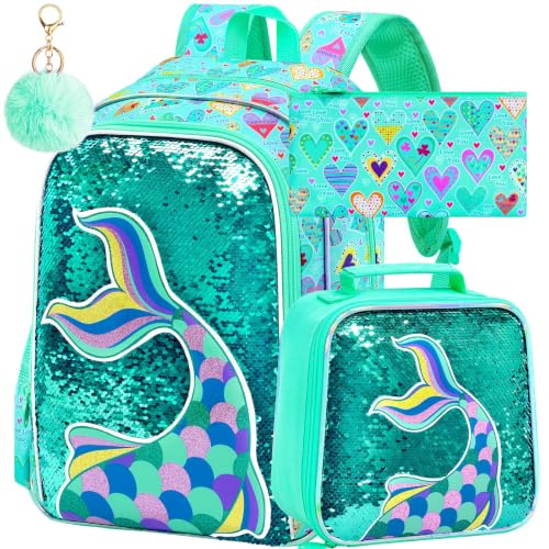 Image of CCJPX 16 inch Mermaid Backpack for Girls, 3Pcs Kids Sequin Bookbag with Lunch Box, Water Resistant Elementary School Bag for Kindergarten Preschool Toddler (Green)