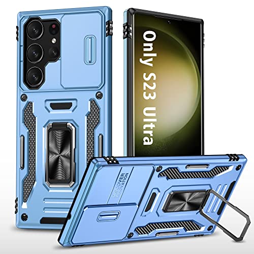 ANGELAS Shockproof Phone Case for Samsung Galaxy S23 Ultra - Silicone TPU Bumper with Anti-Fall Protection,Slide Camera Cover & Rotating Ring Kickstand,6.8Inch,Light Blue