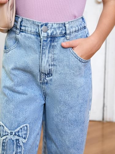 WDIRARA Girl's Bowknot Print Washed Jean Elastic Waist Denim Pants Straight Leg Trousers with Pockets4
