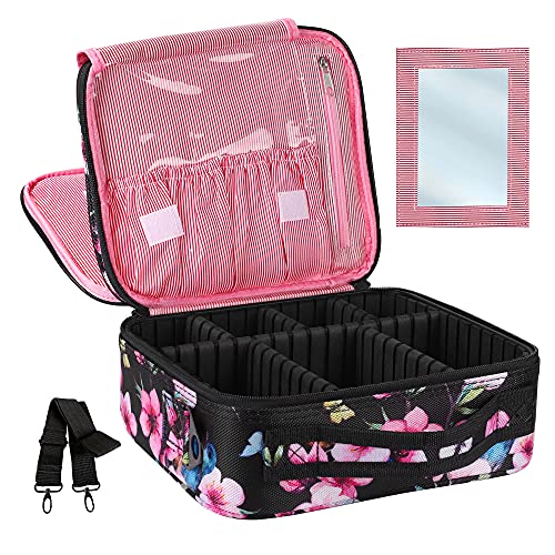 Kootek Travel Makeup Bag 2 Layer Portable Train Cosmetic Case Organizer with Mirror Shoulder Strap Adjustable Dividers for Cosmetics Makeup Brushes Toiletry Jewelry Digital Accessories