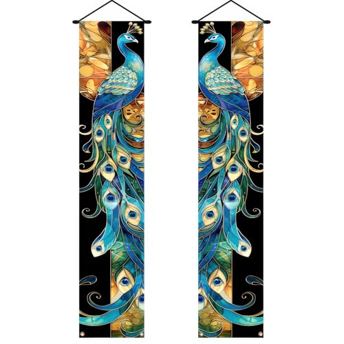Image of BlissYard 2pcs Stained Glass Peacock Porch Banners Elegant Home Diwali Decoration Peacock Door Banner Seasonal Peacock Decor for Diwali Banner Holiday Hanging Front Door Cover for Porch Patio Garden