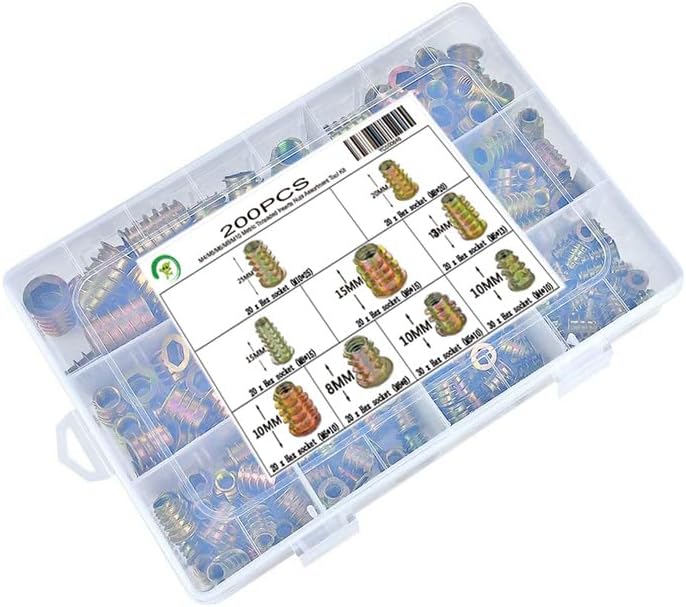 200Pcs M4 M5 M6 M8 M10 Hexagon Threaded Nuts Bolt Inserts Assortment Tool Kit Screw Tapping Nut for Wood Furniture Fastener