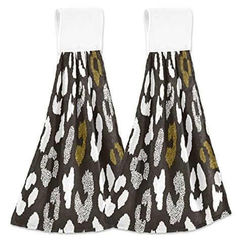 Vnurnrn Black White Gold Leopard Hanging Tie Towels Absorbent Hand Towel with Hook & Loop for Kitchen Bathroom 2 Pieces Cover