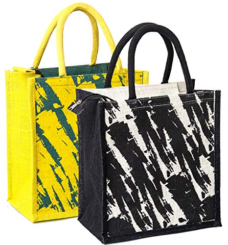 Image of H&B Jute bag for lunch - Tiffin bag for office, lunch bag, bag for men, bag for women, travel bag, tote bag, reusable shopping bag - ZIP, BOTTLE HOLDER - Brush Stroke