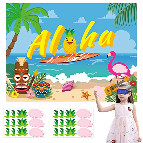 Ticiaga 36Pcs Aloha Hawaii Party Stickers Game, Pin The Hair And Wing On Large Pineapple And Flamingo Poster, Summer Theme Party Game Activity For Kids, Tropical Luau Theme Party Decoration Supplies #TOP5