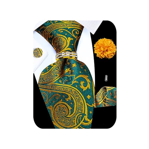 Image of 5PCS Tie and Pocket Square for Men, Silk Necktie and Handkerchief Cufflinks with Gold Ring and Lapel Pin Set