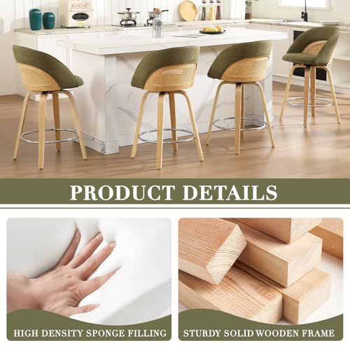 Butacos EALSON, Set de 2 Butacos Giratorios de Bar de 26", con Respaldo de Ratán, Tapizados en Chenilla Moderna, Patas de Madera y Reposapiés Plateado para Isla de Cocina o Sala de Estar, Verde miniatura 5
