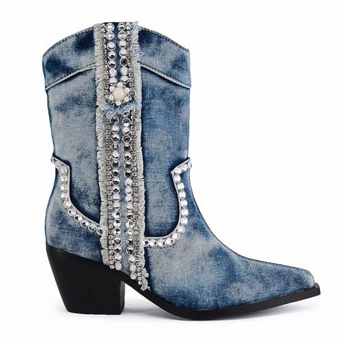 Wide Calf Denim Boots for Women Cowboy Boots Pointed Toe Chunky Block Heel Jeans Ankle Short Boots2