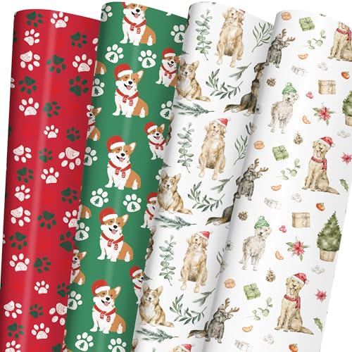 GIOLAINY Dog Christmas Wrapping Paper Set - Funny Gift Wrap with Red Christmas Paw Prints, Green Corgis, Santa Pups, Winter Holiday Dogs Design - 6 Sheets (28 x 40 inches), Easy to Store