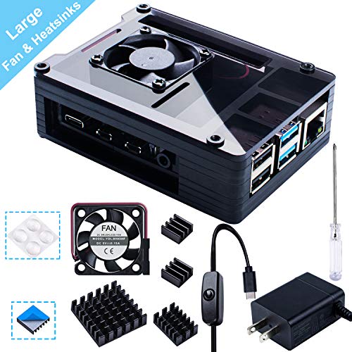 Smraza Boîtier pour Raspberry Pi 4, avec Ventilateur de Refroidissement de 35 mm et 4 dissipateurs de Chaleur, Alimentation USB-C 5 V 3 A pour Raspberry Pi 4 modèle B