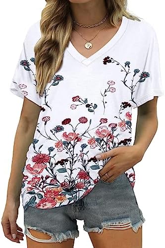 ELIY BASIC Women's Short Sleeve V Neck Pleated T Shirts Summer Loose Fit Basic Tunic with Side Shirring Casual Top Tees, B-red 4, XX-Large