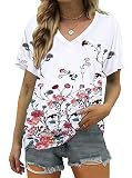 ELIY BASIC Women's Short Sleeve V Neck Pleated T Shirts Summer Loose Fit Basic Tunic with Side Shirr