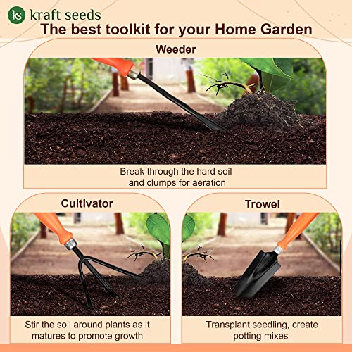 Kraft Seeds Garden Tool Set - 3 Pcs (Big Shovel, Cultivator, Weeder) | Terrace Gardening Accessories | Gardening Tools Kit for Home Gardening | Essential Farming Spade, Trowel, Tiller for Gardening