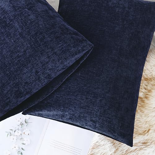 Image of CaliTime Pack of 2 Cozy Standard Pillow Shams Cases for Bed Bedding Decoration Solid Dyed Soft Chenille 20 X 26 Inches Navy Blue