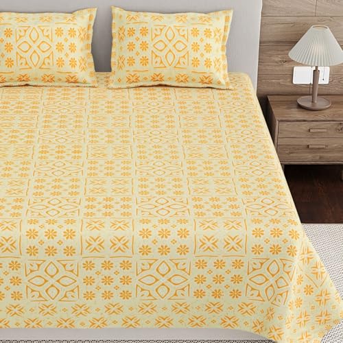 Image of Living Roots Ethnic Jaipur Block Print Double Cotton Bedsheet & 2 Pillow Covers, for Mattress Upto 6 inches Thick, No Colour Bleeding, Yellow Colour, King Size 90 * 108 inches, 120TC (612-A)