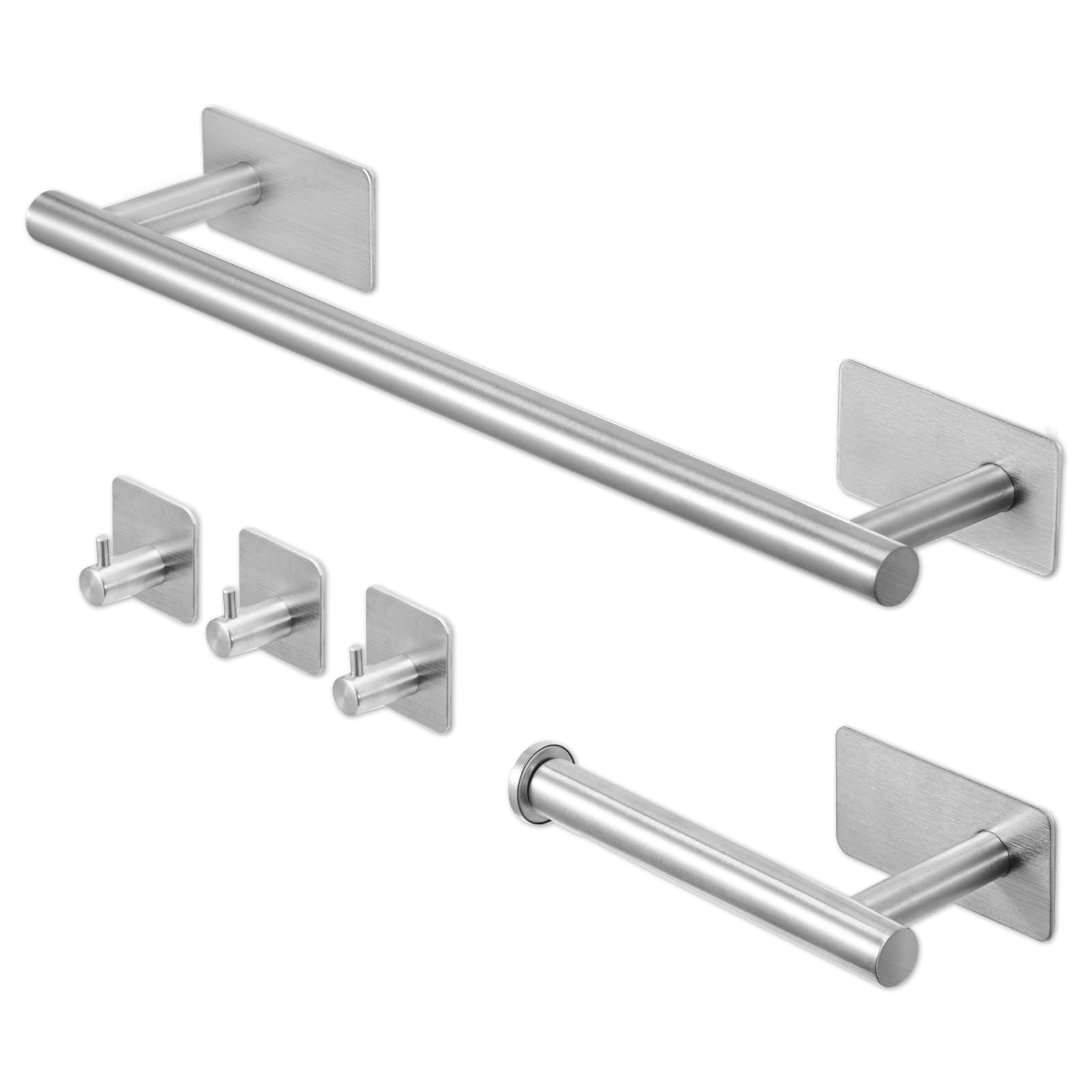 Youyijia 5pcs Towel and Toilet Roll Holder Set Bathroom Accessories Set No Drilling, Self Adhesive Toilet Roll Holder, Towel Rail, Hook (Silver)