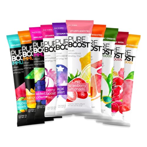 Image of Pureboost Sugar Free Clean Energy & Immune Support Drink Mix Variety Pack, Combo Pack 10 Count, Refreshing Energy Booster with B12 Vitamins, Electrolytes, Antioxidants, Superfoods and No Sucralose