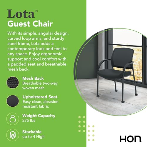 Image of HON Lota Mesh Office Chair with Arms and Casters, Guest and Conference Desk Chair for Reception Areas, Waiting Rooms, and Offices, Fabric Seat, Stackable Design, Black