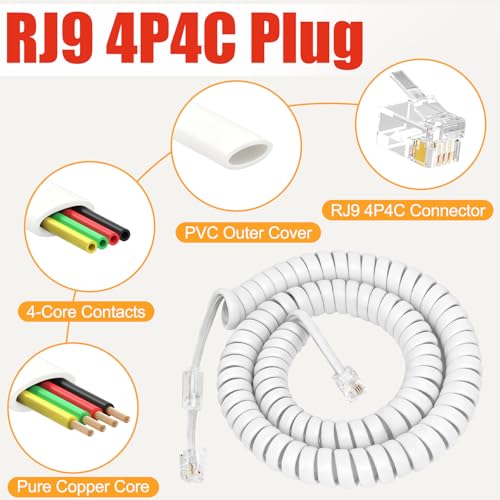 Image of Uvital 1 Pack Telephone Handset Cords with Detanglers, RJ9 4P4C, White | Landline Phone Cord Cable 10Ft Uncoiled(1.2Ft Coiled) , 360 Rotating Anti-Tangle Swivel Telephone Cords Untangler, Office