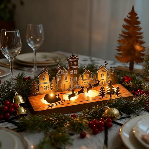 Kizozo Christmas Candle Holder, Tealight Holder with Wooden Tray, Advent Wreath Tealight Holder for 4 Tea Lights, Xmas Tealights holders, Christmas Deco Gift for Women, Men, Family and Friends