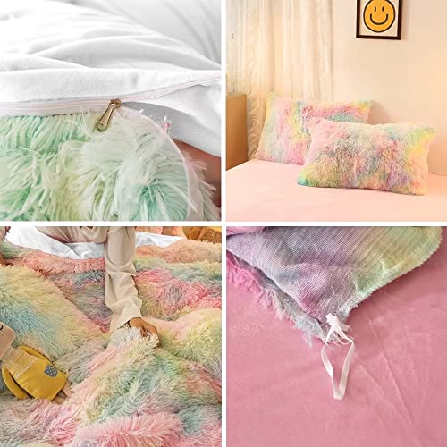 Kxry Plush Rainbow Shaggy Bedding Set Twin Size For Girls Women Kids Fluffy Crystal Velvet Duvet Cover Faux Fur 1 Duvet Cover + 1 Pillow Case #TOP1