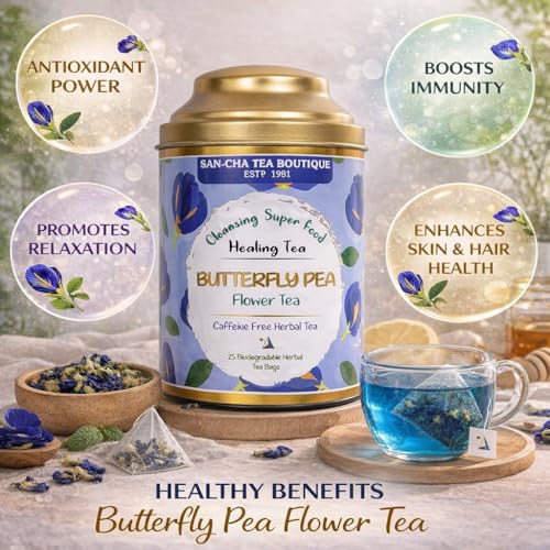 Image of Sancha Tea Boutique Butterfly Pea Flower Tea | 25 Biodegradable Pyramid Tea Bags | Blue Tea | Caffeine-Free Herbal Tisane | Naturally Color-Changing Blue to Purple Brew | Since 1981