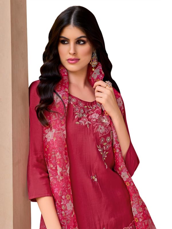 Image of INDO ERA Women's Embroidered Silk Blend Calf Length Straight Kurta Trouser With Dupatta Set (IEOUT7589)