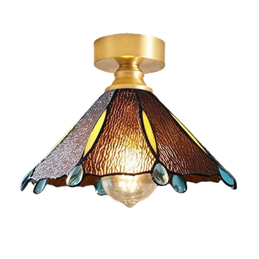 YGZPALH Gold Metal Ceiling Light, French Retro Style Entryway Stained Glass Light Fixture Small Schoolhouse Style Semi Flush Mount Ceiling Light E26 Fixtures for Bedroom Hallway Indoor Lighting