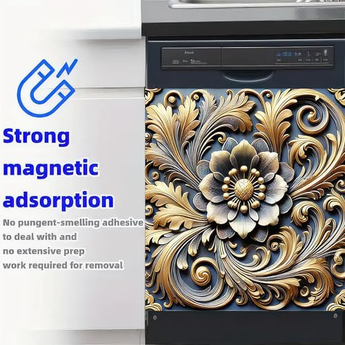 Image of HOMETITUTE Baroque Floral Magnetic Dishwasher Cover 23x26 Inch Gold Flower Embossed Panel Decorative Magnet Sticker for Kitchen Appliance Fridge Refrigerator Door Home Decoration Metal Surface Wrap