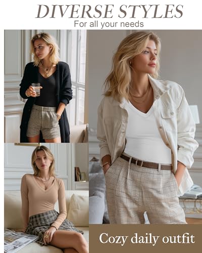 Huukeay 3 Pack Women's Deep V Neck T-Shirts, Long Sleeve Tee Cotton Slim Fitted Tops Casual Fall Basic Tight Tee Shirts3