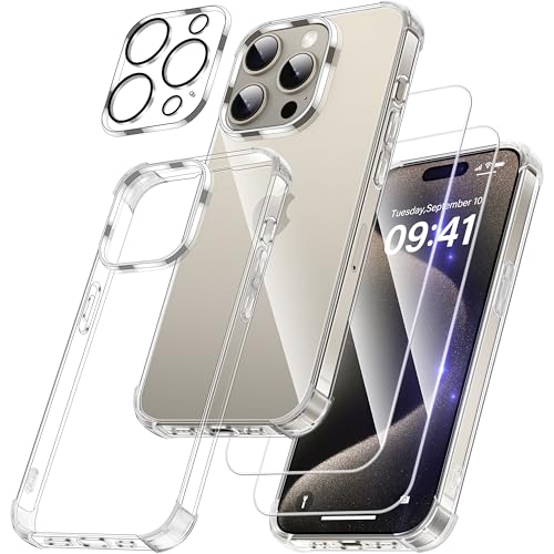 FLLAO 4 in 1 Handyhülle für iPhone 15 Pro Hülle mit 2 Schutzfolie und 1 KameraSchutz,Ultradünn Anti-Vergilbung Kristallklar HandyHülle Stoßfest Kratzfest Schutzhülle, Transparent